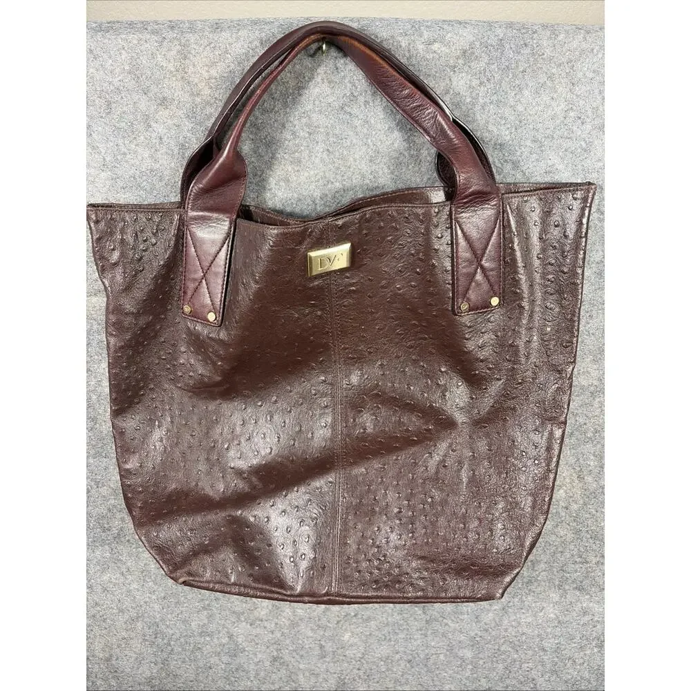 Diane von‎ Furstenberg Addison Burgundy Ostrich Embroidered Leather Tote